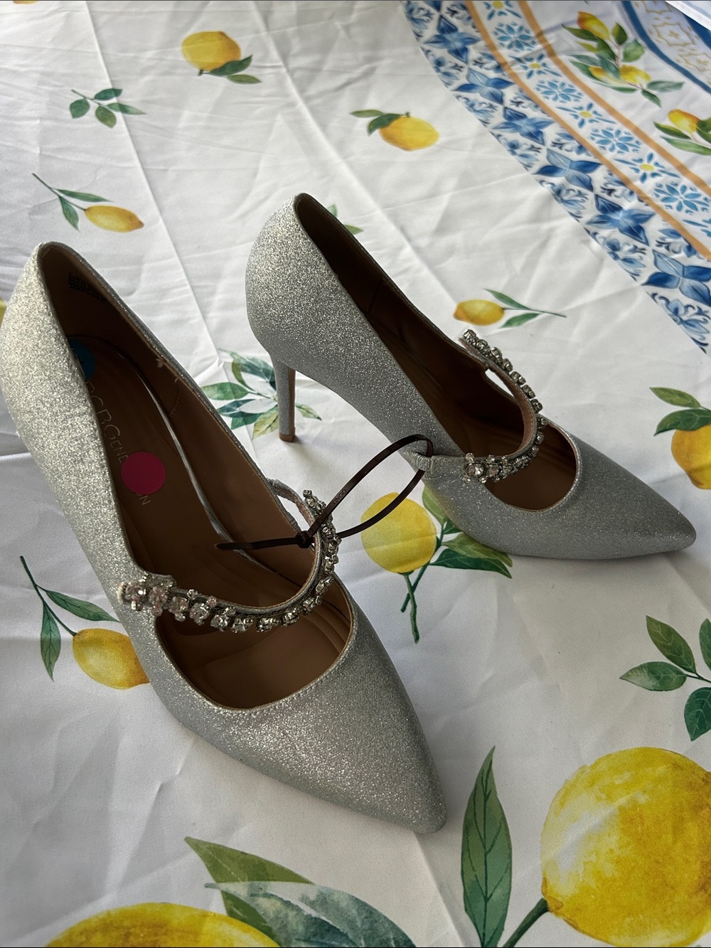 BCBG Generation size 7.5 Silver Glitter Pointed-Toe Heels with Crystal Strap